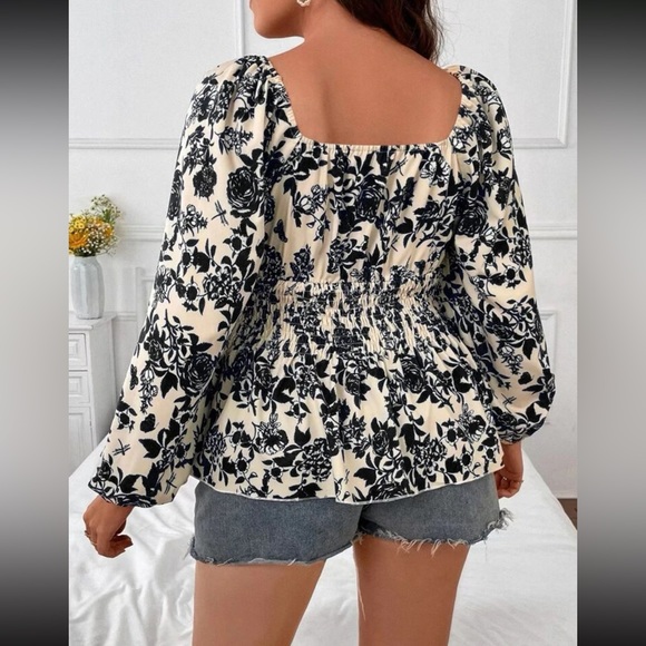 Boho black floral print square lantern sleeve blouse - Picture 3 of 15